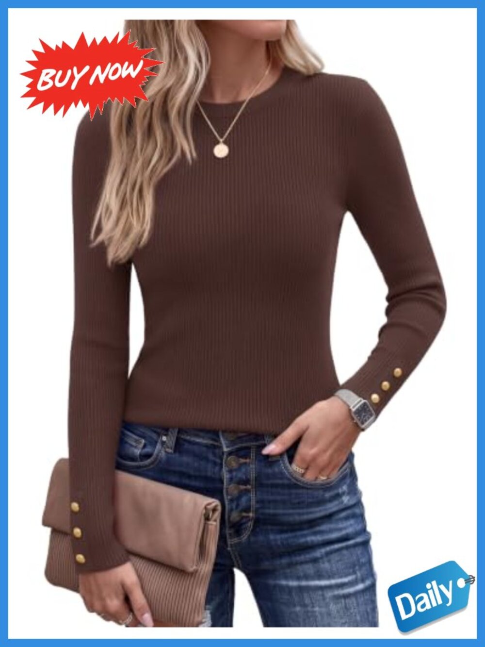 ZESICA Women's Cozy Ribbed Knit Pullover Sweater Button Cuff Slim Fit